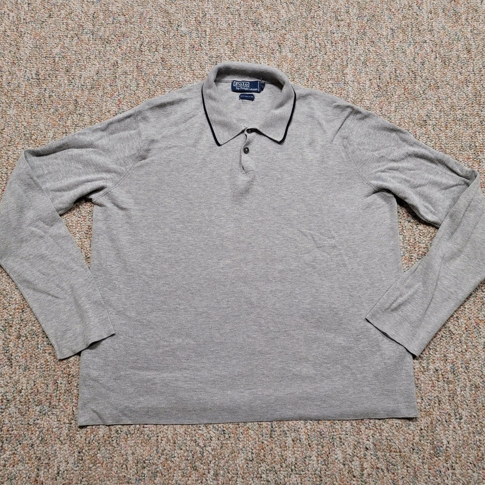 Polo Ralph Lauren Knit Polo Shirt Men Large Gray Pima Cotton Long Sleeve Vintage